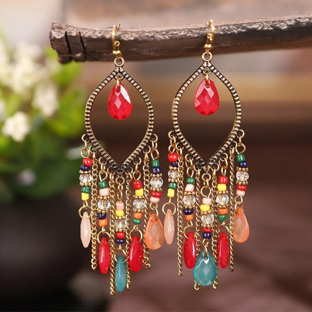 Brincos Mandala pendentes em Zircónia Vermelha - Estilo Boho