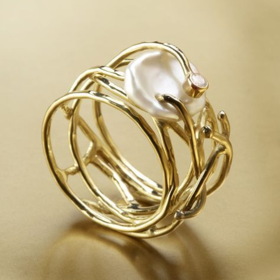 Anel de Ouro e Pérolas Vintage Fino