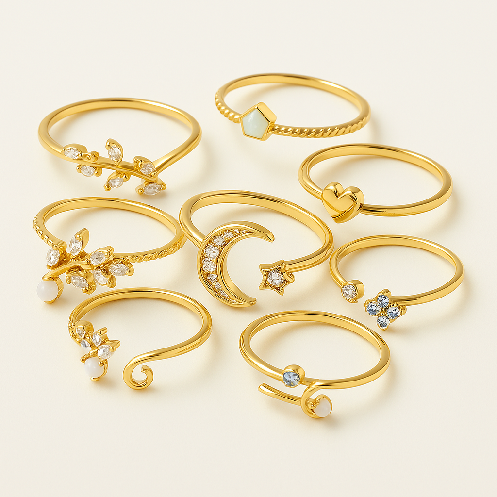 Conjunto de 10 anéis boémios em prata e ouro banhado