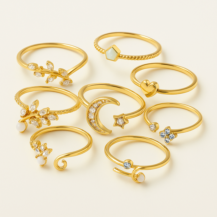Conjunto de 10 anéis boémios em prata e ouro banhado