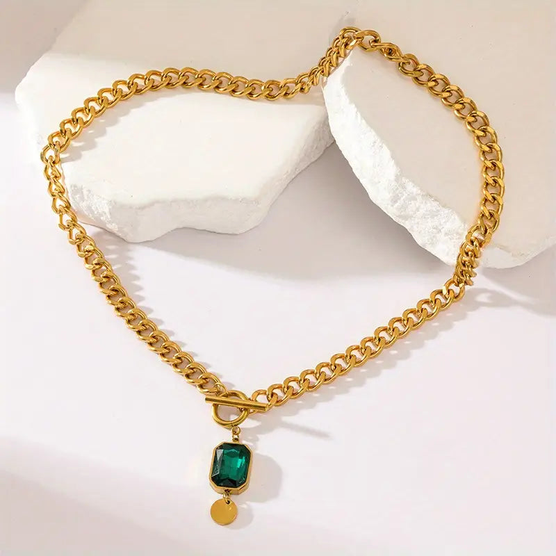 Colar Pendente Cadeia Esmeralda Espesso | Ouro