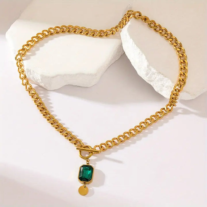 Colar Pendente Cadeia Esmeralda Espesso | Ouro
