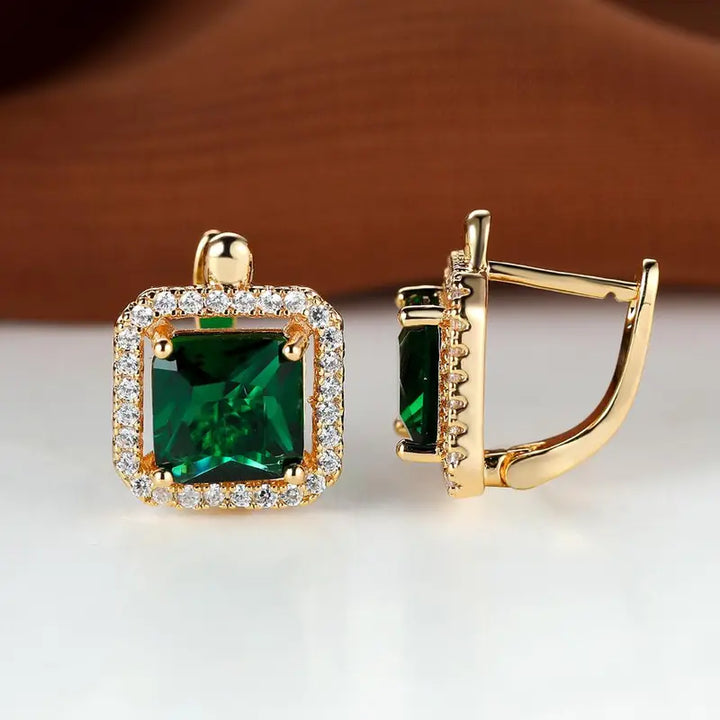 Brincos em zirconia quadrada verde dourada | Ouro