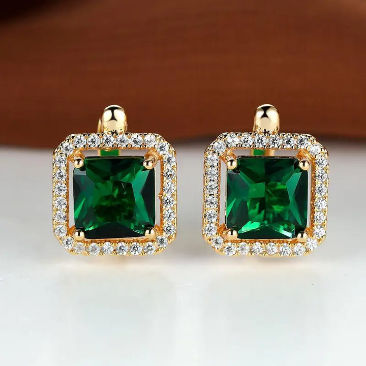 Brincos em zirconia quadrada verde dourada | Ouro