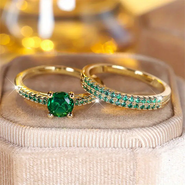 Conjunto de Anéis Duo Serena Esmeralda | Ouro