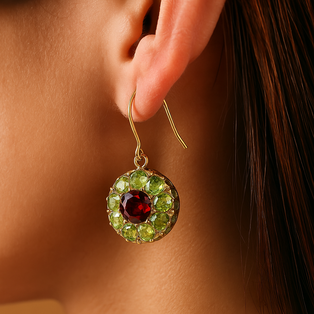 Brincos redondos vintage em cristal vermelho e verde