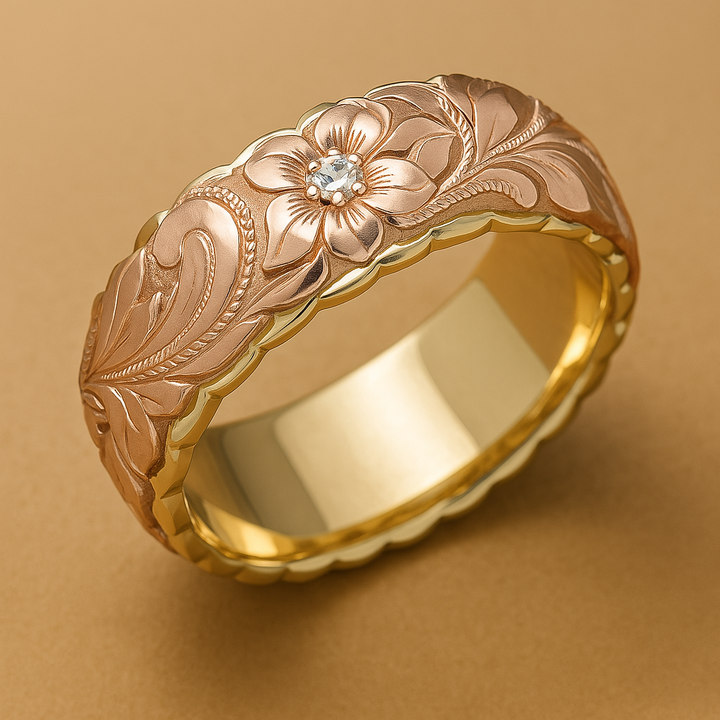Anel Vintage em Ouro com Flor Rosa