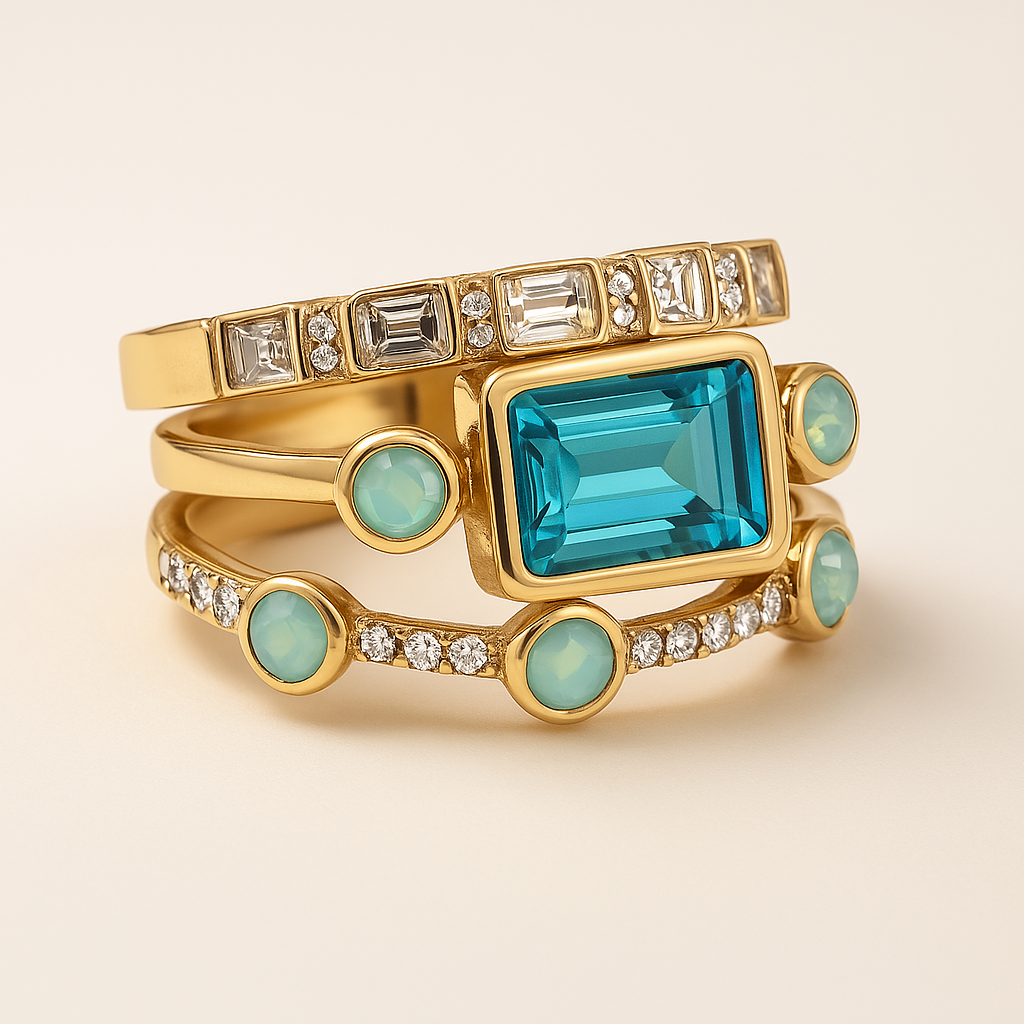 Conjunto Vintage de Anéis em Cristal Azul