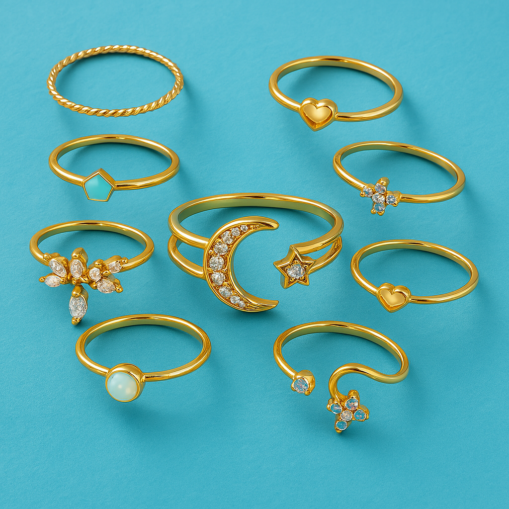 Conjunto de 10 anéis boémios em prata e ouro banhado