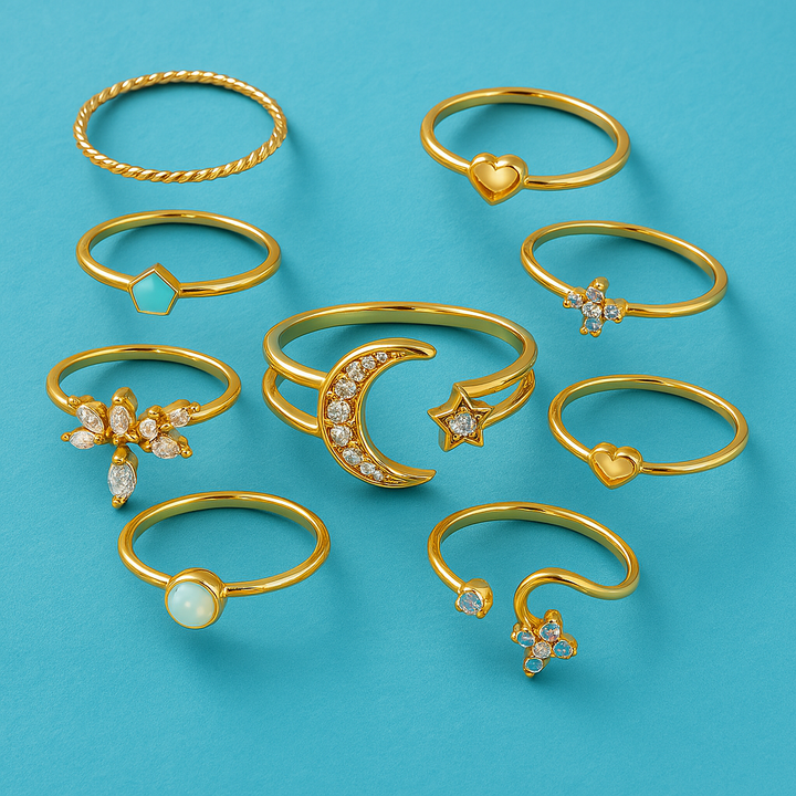 Conjunto de 10 anéis boémios em prata e ouro banhado