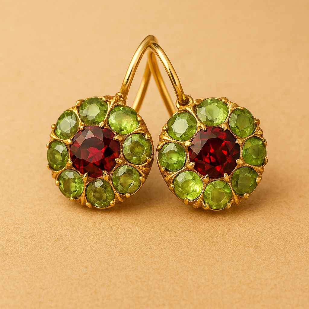 Brincos redondos vintage em cristal vermelho e verde