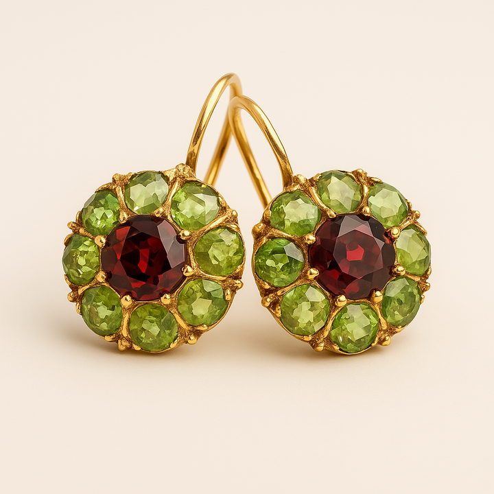 Brincos redondos vintage em cristal vermelho e verde