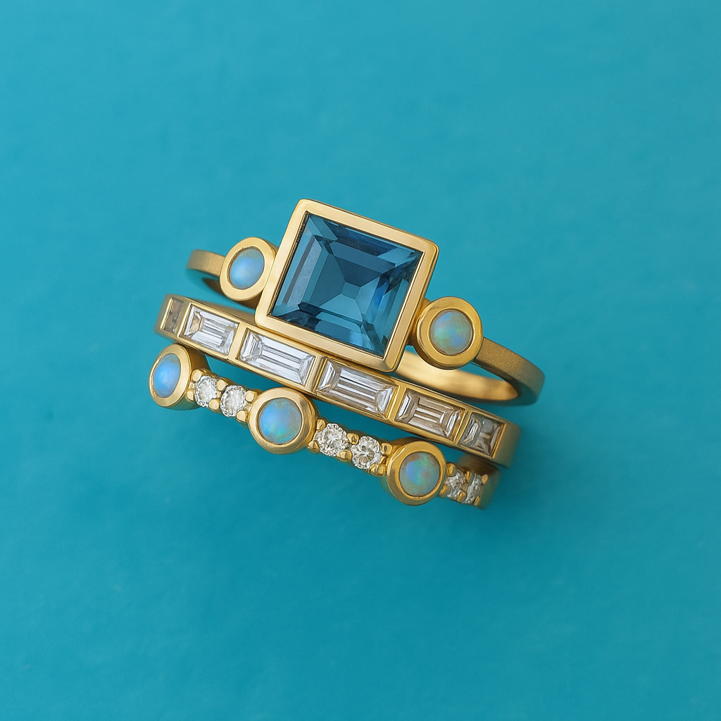 Conjunto Vintage de Anéis em Cristal Azul