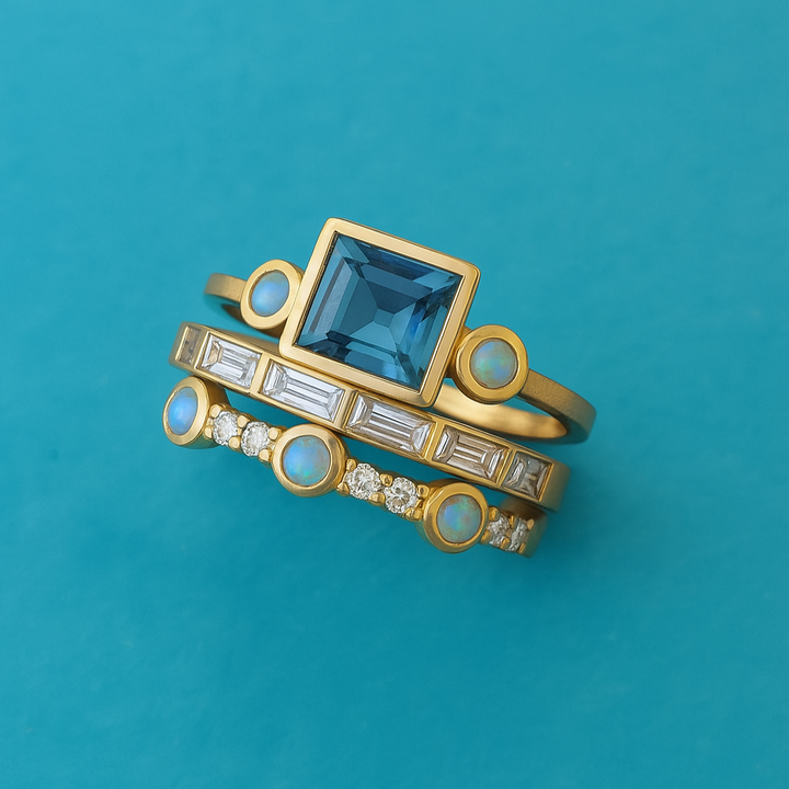 Conjunto Vintage de Anéis em Cristal Azul