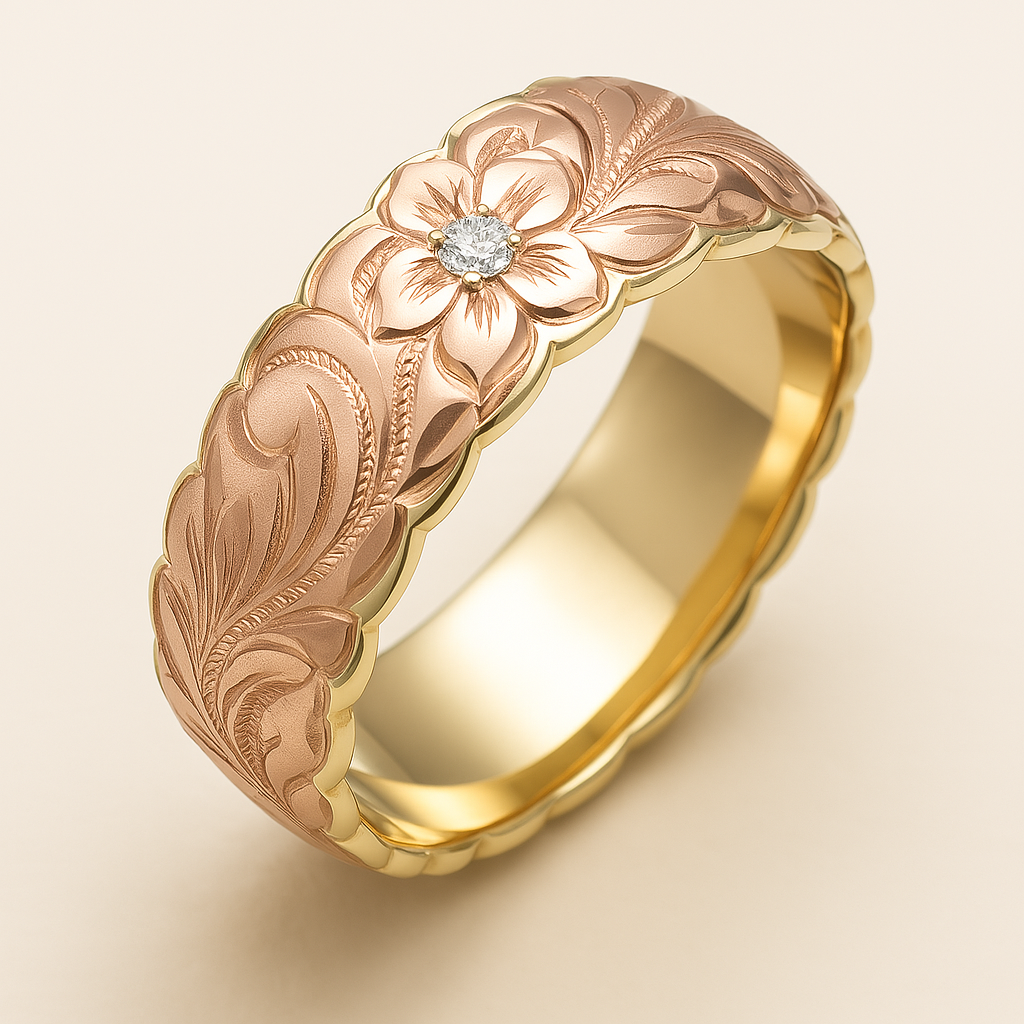 Anel Vintage em Ouro com Flor Rosa