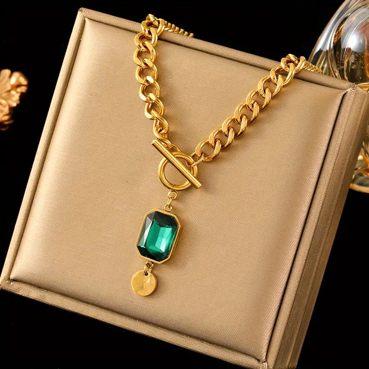 Colar Pendente Cadeia Esmeralda Espesso | Ouro