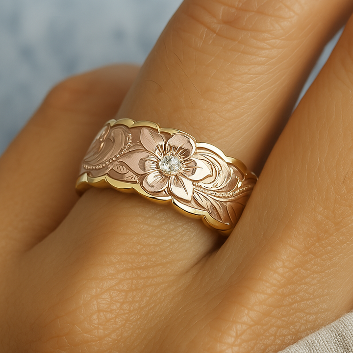 Anel Vintage em Ouro com Flor Rosa