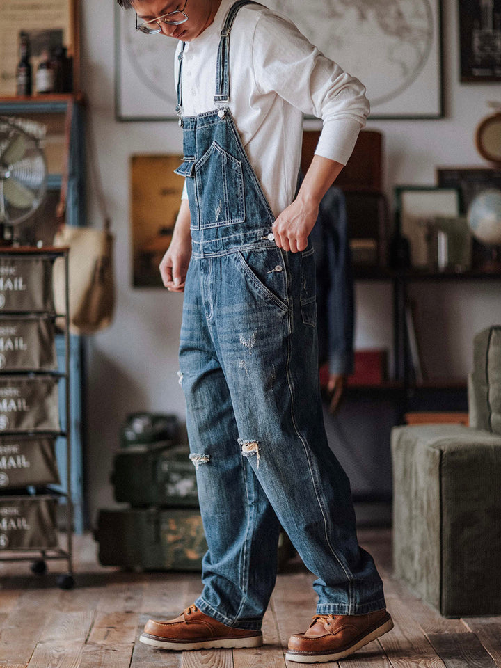Pantalón de tirantes azul desgastado retro