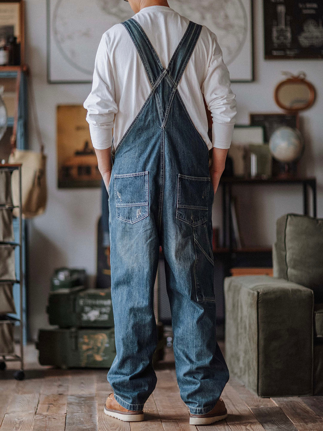 Pantalón de tirantes azul desgastado retro