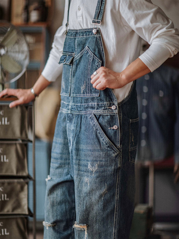 Pantalón de tirantes azul desgastado retro
