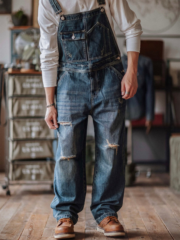 Pantalón de tirantes azul desgastado retro