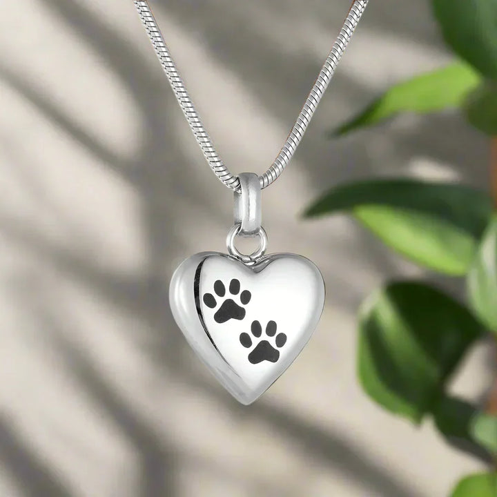 Colar com urna comemorativa para animais de estimação – Pendente em forma de coração com gravação de pata