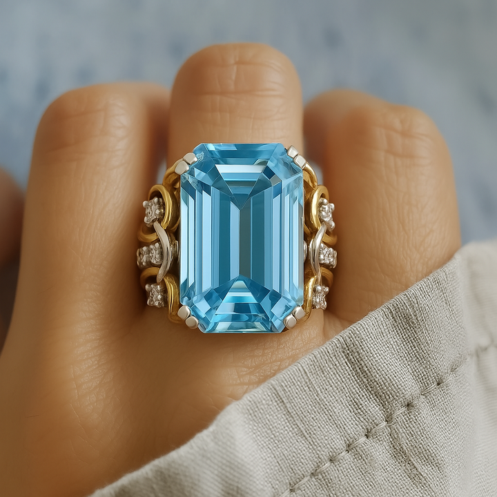 Anel Vintage Sobreposto em Ouro com Zircônia Azul