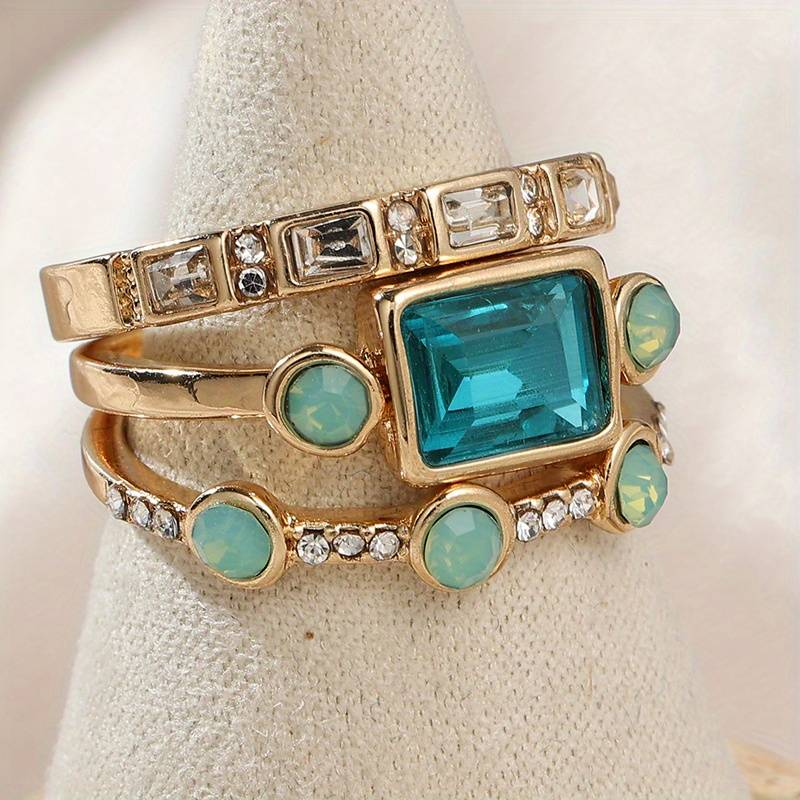 Conjunto Vintage de Anéis em Cristal Azul