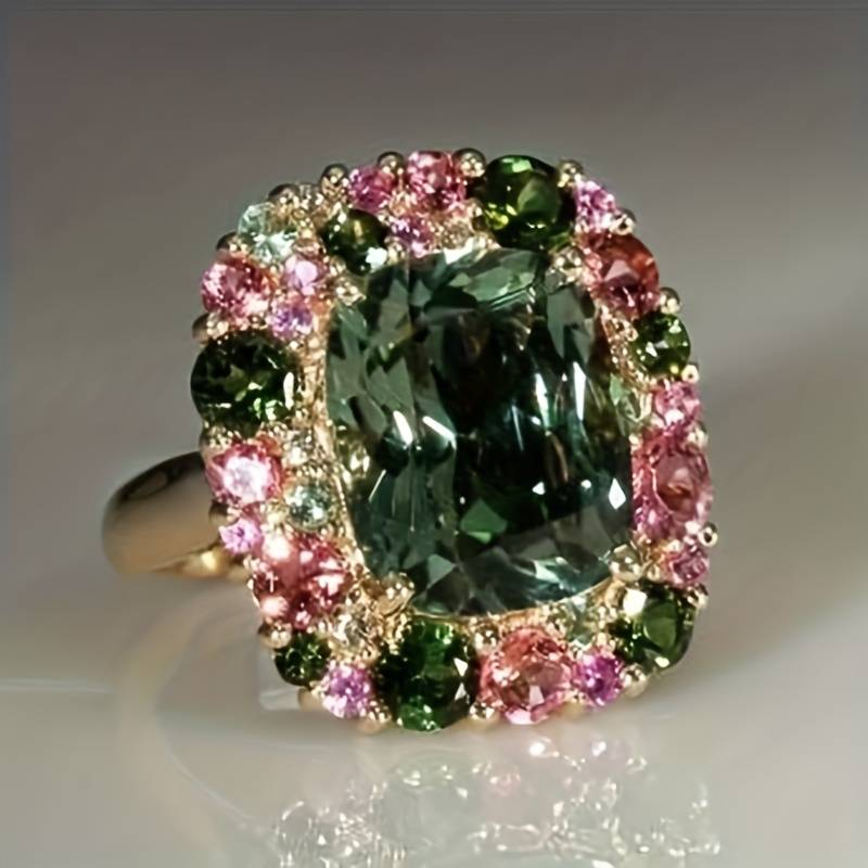 Anel Vintage em Cristal Verde e Rosa