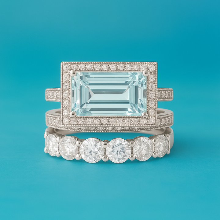 Anel vintage em prata com vidro turquesa - Conjunto elegante