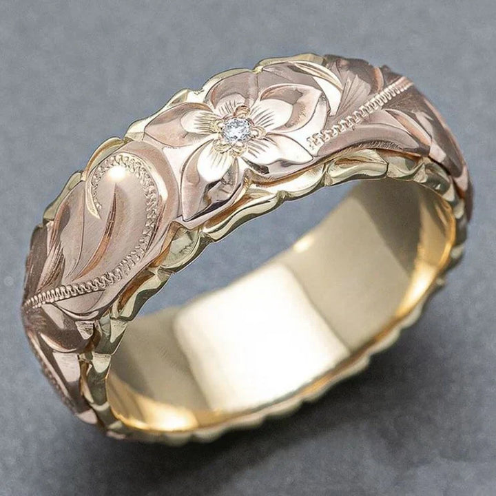 Anel Vintage em Ouro com Flor Rosa