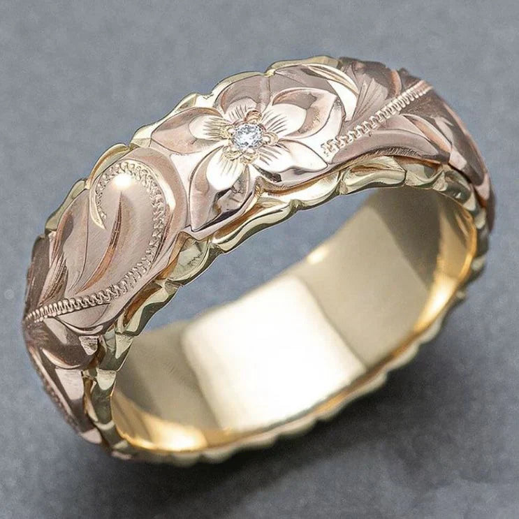 Anel Vintage em Ouro com Flor Rosa