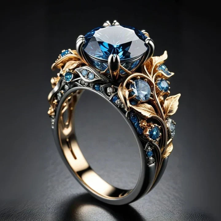 Anel exótico com flor em cristal azul